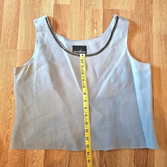 Positive Attitude 2pc Baby Blue Tank Top Linen Jacket Brown Embroi Beaded Flower - Picture 10 of 15